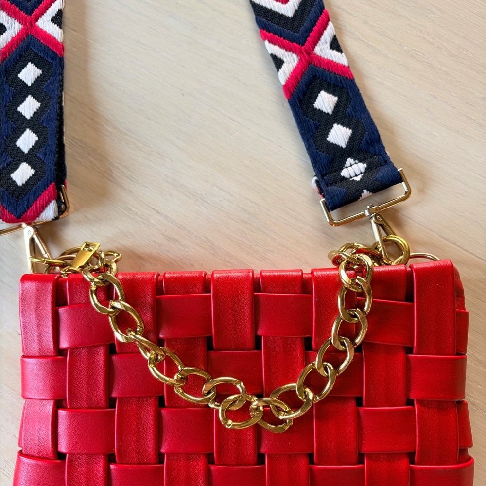 Red Woven Leather Bag with Gold Chain